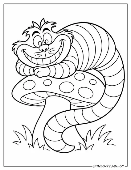 Cheshire Cat Curling His Striped Tail Around A Mushroom Coloring Page
