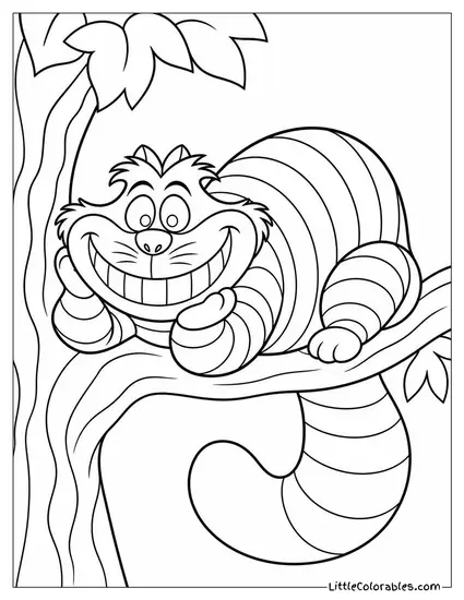 Cheshire Cat Grinning Widely While Draped Over A Tree Branch Coloring Page