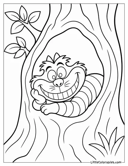 Cheshire Cat Peeking Out From A Hollow In A Gnarled Tree Coloring Page