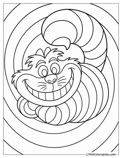 Cheshire Cat Spinning In A Dizzying Swirl Of Pink And Purple Stripes Coloring Page