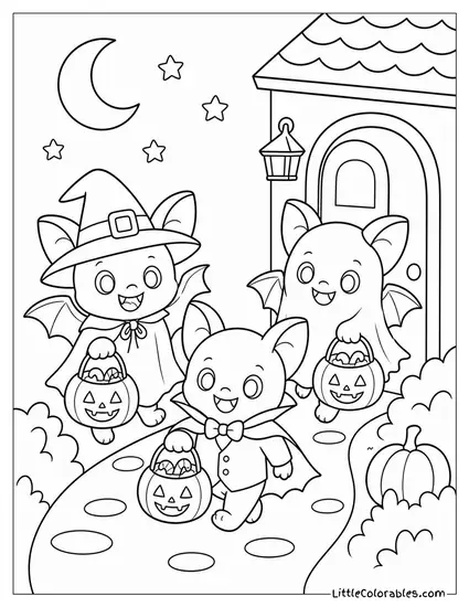 Chibi Bats Trick or Treating in Tiny Costumes with Candy Buckets Coloring Page
