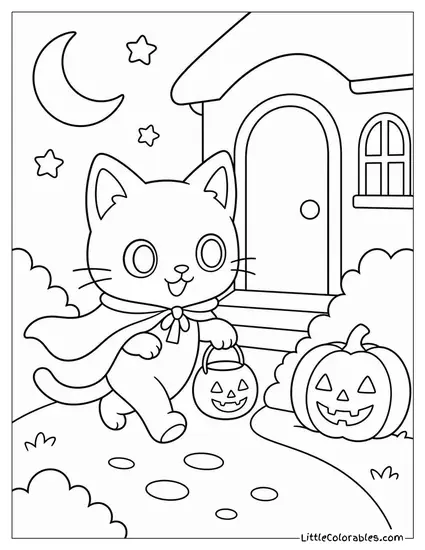 Chibi Black Cat Trick or Treating with a Tiny Bucket and a Cape Flowing Behind Coloring Page