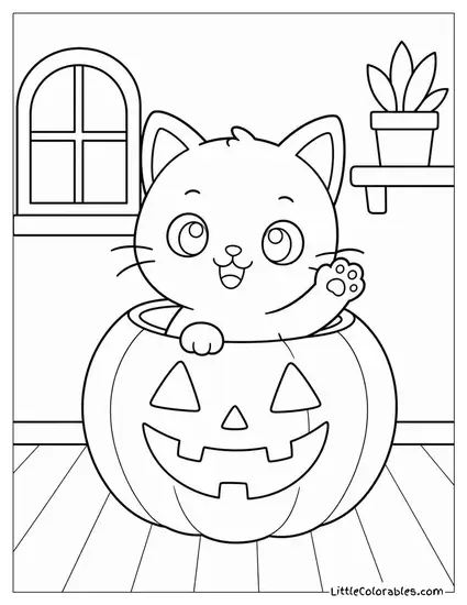 Chibi Black Cat with a Big Round Head and Tiny Paws Waving from Inside a Jack-o-Lantern Coloring Page