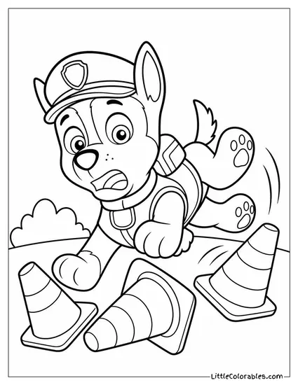 Chibi Chase Tumbling Over His Own Traffic Cones With a Surprised Face Coloring Page