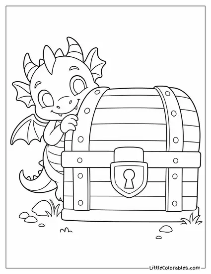 Chibi Dragon Peeking Out From Behind an Oversized Treasure Chest Coloring Page