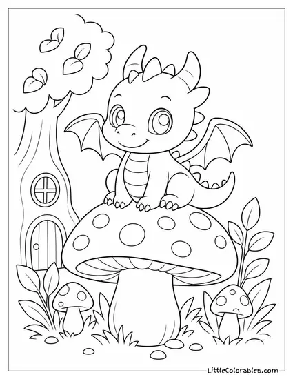 Chibi Dragon Perched on a Mushroom in a Tiny Magical Forest Coloring Page