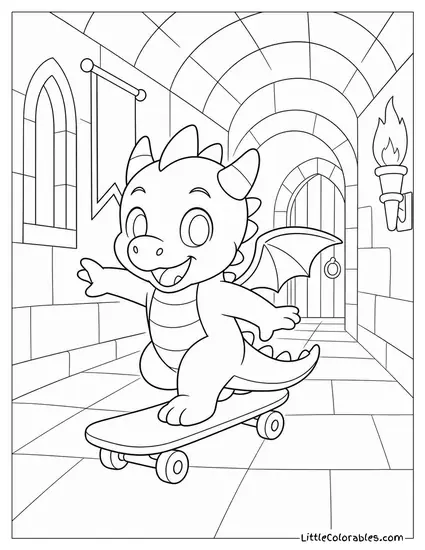 Chibi Dragon Riding a Skateboard Down a Castle Hallway Coloring Page
