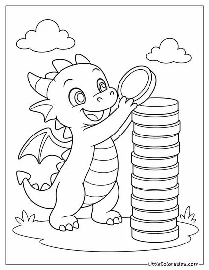 Chibi Dragon Stacking Gold Coins Taller Than Itself Coloring Page
