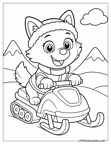 Chibi Everest With an Oversized Head Riding a Tiny Wobbly Snowmobile Coloring Page