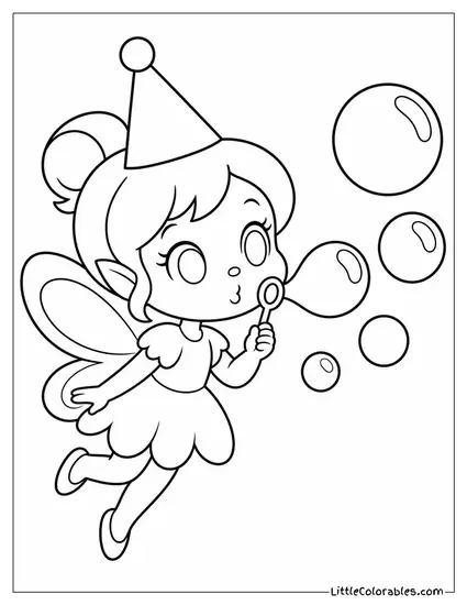 Chibi Fairy Blowing Sparkly Bubbles With a Party Hat Coloring Page