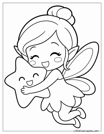 Chibi Fairy Hugging a Tiny Glowing Star With a Happy Blush Coloring Page