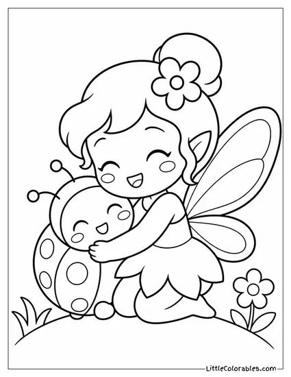 Chibi Fairy Hugging a Tiny Ladybug With a Happy Blush Coloring Page
