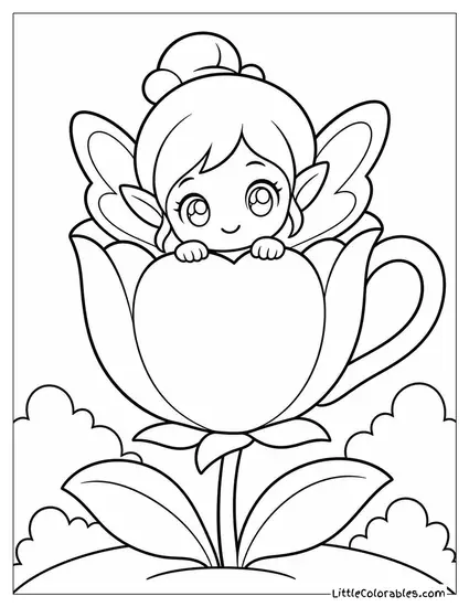Chibi Fairy Peeking Out From a Teacup Sized Flower Coloring Page