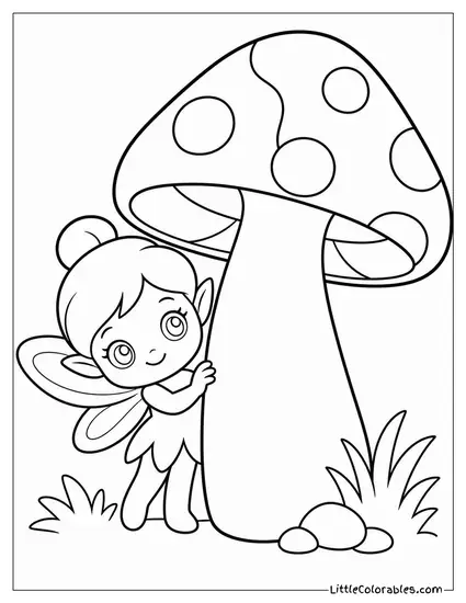 Chibi Fairy Peeking Out From Behind a Giant Mushroom Coloring Page