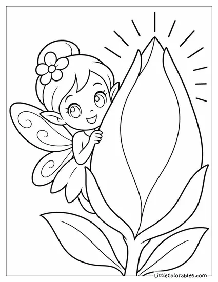 Chibi Fairy Peeking Out From Behind a Glowing Flower Bud Coloring Page