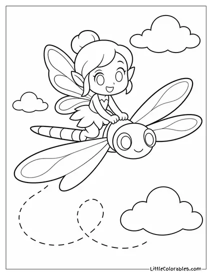 Chibi Fairy Riding a Dragonfly With a Wobbly Flight Path Coloring Page