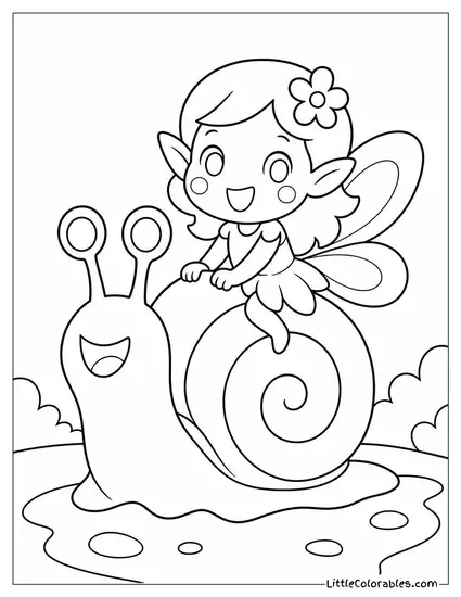 Chibi Fairy Riding a Snail With a Wobbly Happy Expression Coloring Page