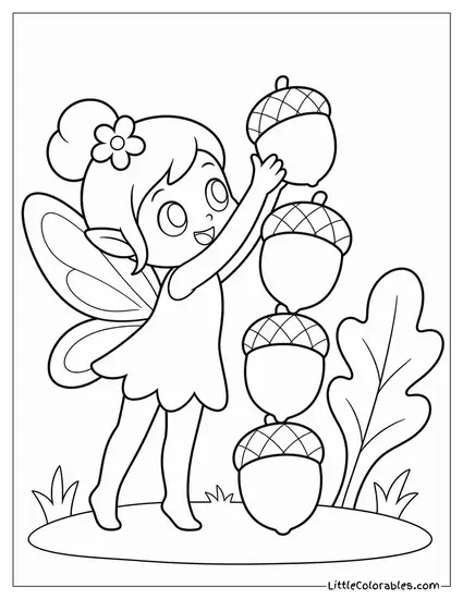 Chibi Fairy Stacking Acorns Taller Than Herself Coloring Page