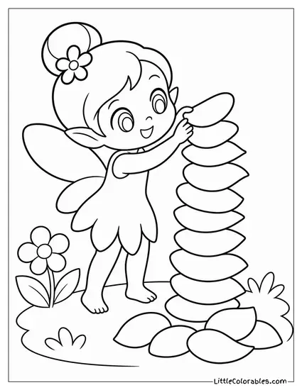 Chibi Fairy Stacking Flower Petals Into a Wobbly Tower Coloring Page
