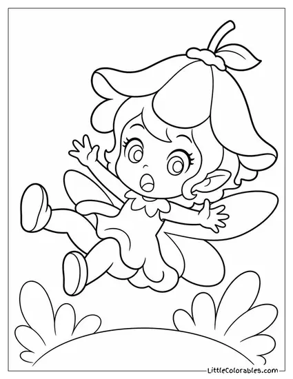 Chibi Fairy With an Oversized Flower Hat Tumbling Over Coloring Page