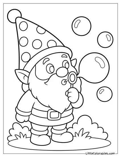 Chibi Gnome Blowing Sparkly Bubbles With a Party Hat On Coloring Page