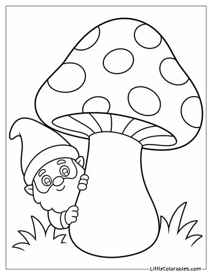 Chibi Gnome Peeking Out From Behind a Giant Mushroom Coloring Page