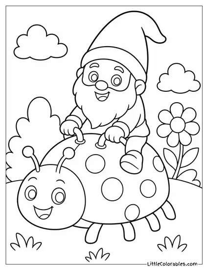Chibi Gnome Riding a Ladybug With a Wobbly Happy Expression Coloring Page