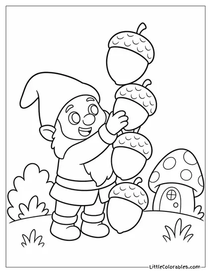 Chibi Gnome Stacking Acorns Taller Than Himself Coloring Page