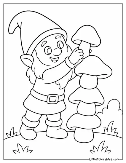 Chibi Gnome Stacking Mushrooms Into a Wobbly Tower Coloring Page