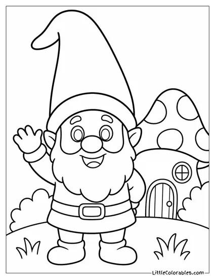 Chibi Gnome Waving With an Oversized Pointed Hat Coloring Page