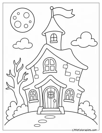 Chibi Haunted House with a Wobbly Crooked Shape and Stubby Little Tower Waving a Flag Coloring Page
