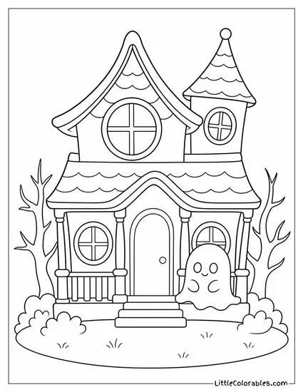 Chibi Haunted House with Big Round Windows and a Chubby Ghost Sitting on the Porch Coloring Page