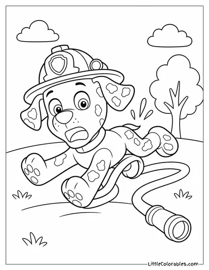 Chibi Marshall Tripping Over His Own Hose With a Surprised Face Coloring Page