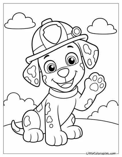 Chibi Marshall Waving With a Crooked Helmet and Big Shiny Eyes Coloring Page