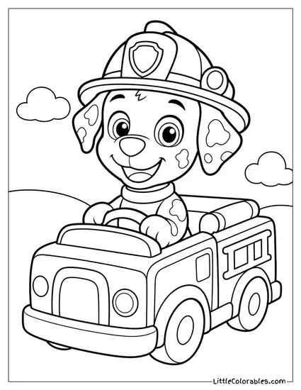 Chibi Marshall With an Oversized Head Driving a Tiny Wobbly Fire Truck Coloring Page