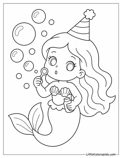 Chibi Mermaid Blowing Bubbles With a Party Hat On Coloring Page