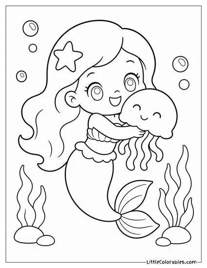 Chibi Mermaid Hugging a Tiny Glowing Jellyfish Coloring Page
