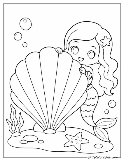Chibi Mermaid Peeking Out From Behind a Giant Seashell Coloring Page