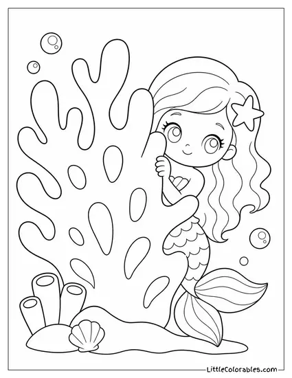 Chibi Mermaid Peeking Shyly From Behind a Giant Coral Fan Coloring Page