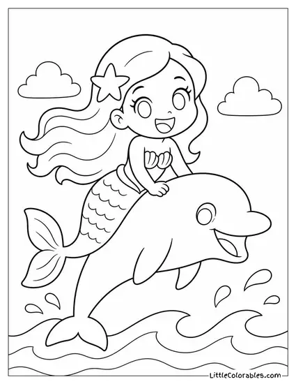 Chibi Mermaid Riding a Dolphin With a Big Happy Smile Coloring Page