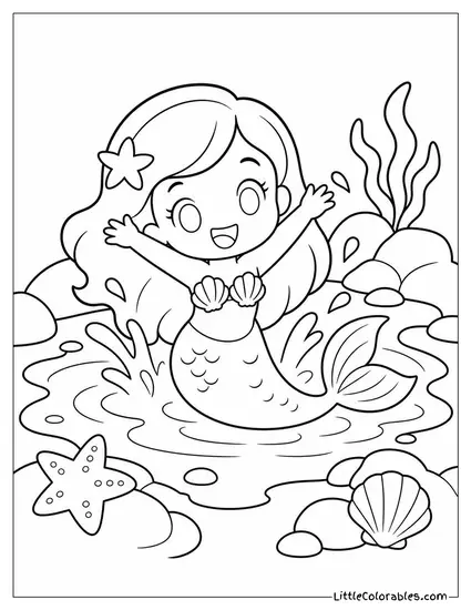 Chibi Mermaid Splashing Happily in a Tide Pool Coloring Page