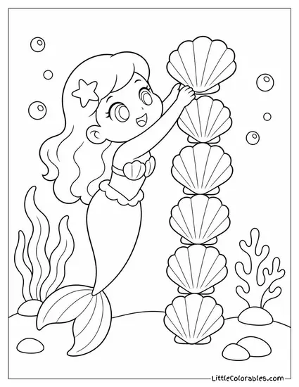 Chibi Mermaid Stacking Seashells Taller Than Herself Coloring Page