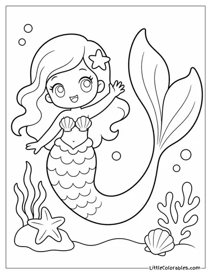Chibi Mermaid Waving With an Oversized Tail Fin Coloring Page