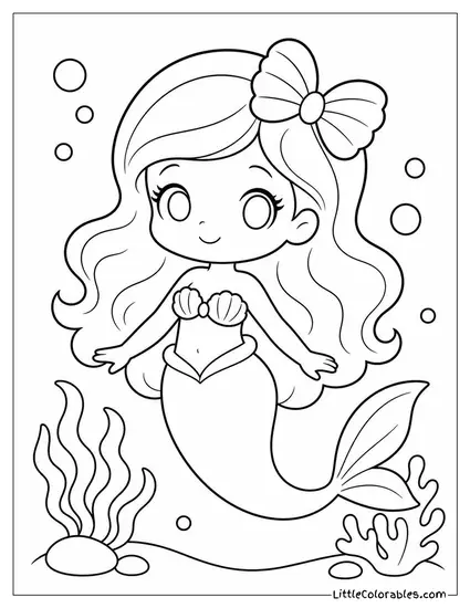 Chibi Mermaid With an Oversized Shell Bow in Her Hair Coloring Page