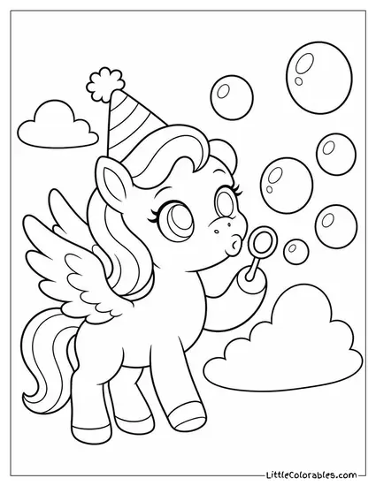 Chibi Pegasus Blowing Sparkly Bubbles With a Party Hat On Coloring Page