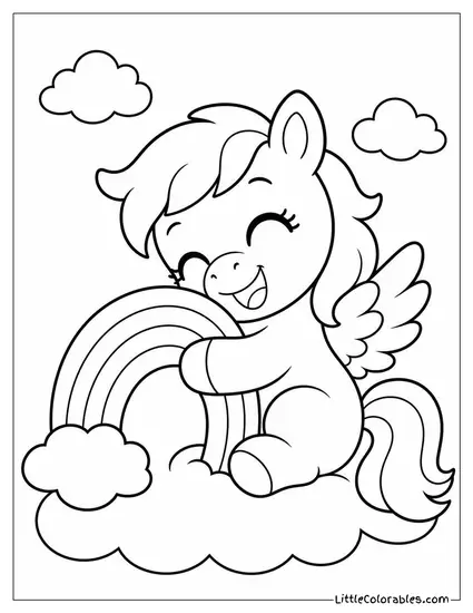 Chibi Pegasus Hugging a Tiny Rainbow With a Happy Expression Coloring Page
