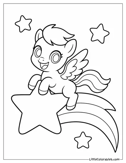 Chibi Pegasus Riding a Shooting Star With a Big Happy Grin Coloring Page