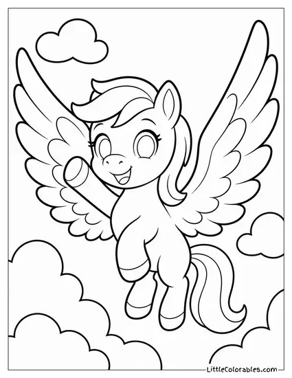 Chibi Pegasus Waving With Oversized Wings and Tiny Hooves Coloring Page