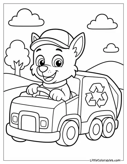 Chibi Rocky With an Oversized Head Driving a Tiny Wobbly Recycling Truck Coloring Page