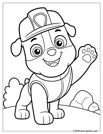 Chibi Rubble Waving With a Crooked Hard Hat and Big Shiny Eyes Coloring Page